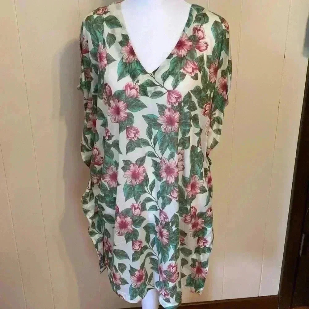 H&M Hawaiian Tropical Floral Hibiscus Swimsuit Coverup Size Small. Pink & Green.